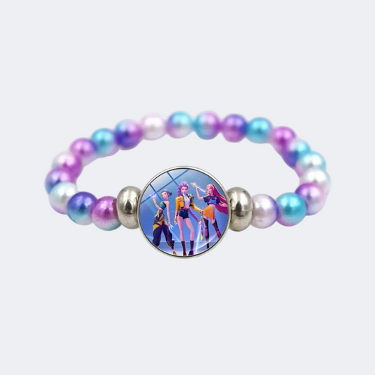 Multicolored beaded bracelet with a circular charm featuring characters on a white background