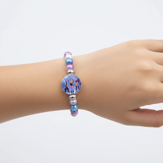 Multicolored beaded bracelet with a circular charm featuring characters on a white background