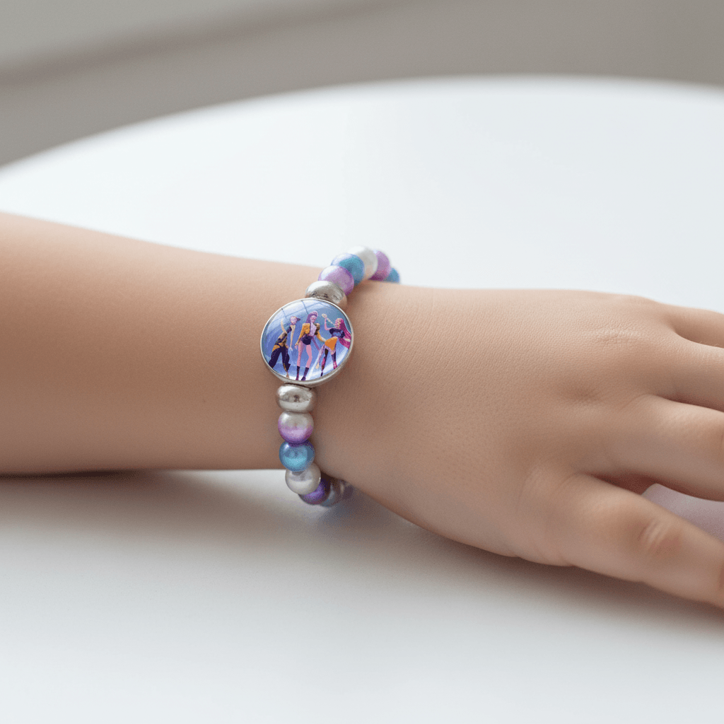 Multicolored beaded bracelet with a circular charm featuring characters on a white background