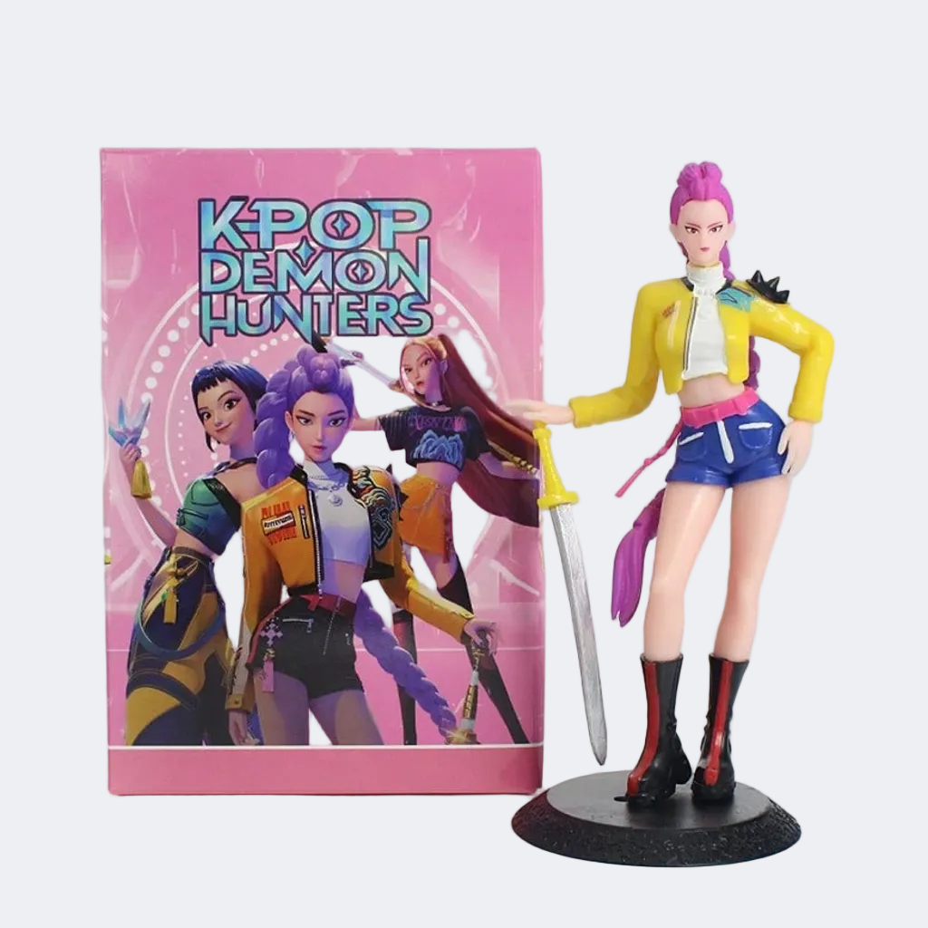 KPOP Demon Hunters figurine with pink background and character illustration