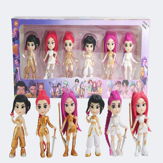 Set of toy figures with colorful packaging featuring characters and weapons.