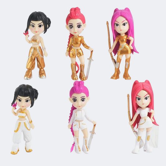 Set of five action figures with different hairstyles and outfits on a white background