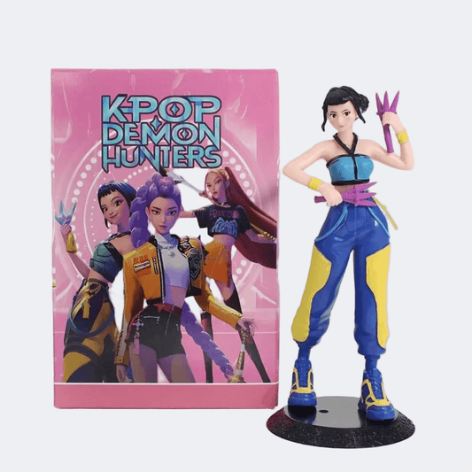 Colorful K-Pop Demon Hunters figurine with packaging on a white background
