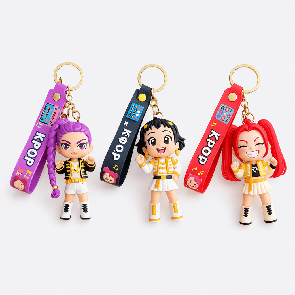 Keychain with a character and purple strap labeled 'KPOP' held by a hand on a white background