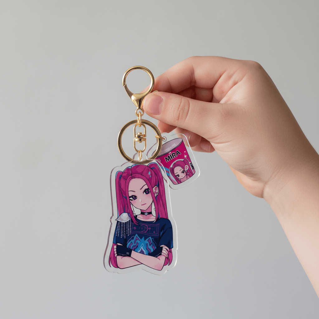 Keychain with an anime-style character and a small window displaying 'Mira'.