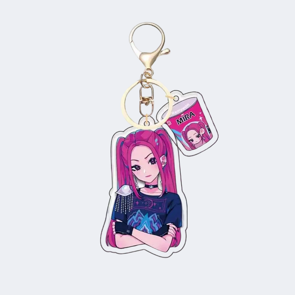 Keychain with an anime-style character and a small window displaying 'Mira'.