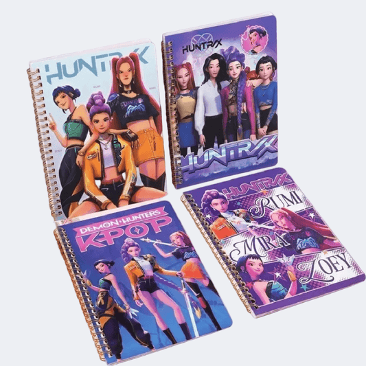 Four notebooks with colorful covers featuring characters and text on a white background