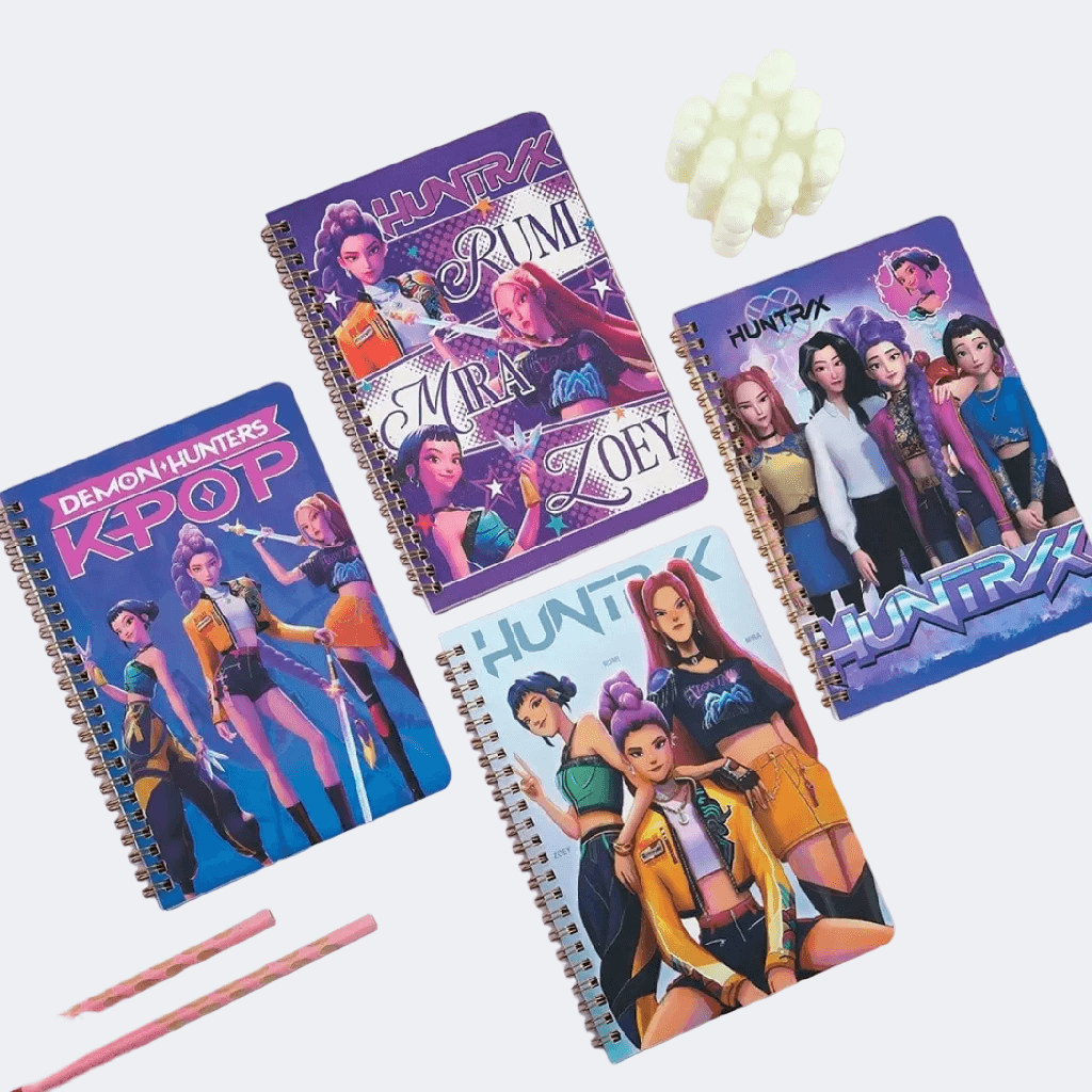Four notebooks with colorful designs featuring characters on a white background