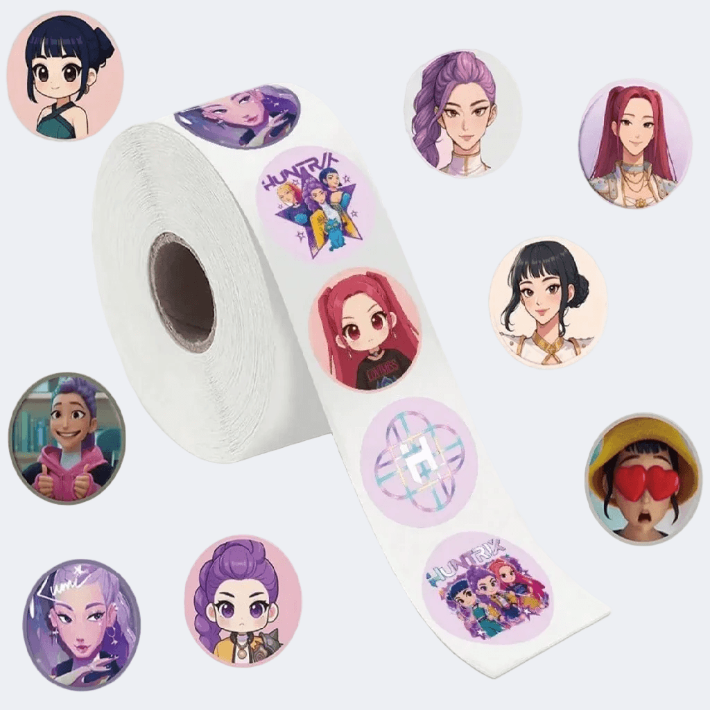 Roll of stickers with animated character designs on a white background