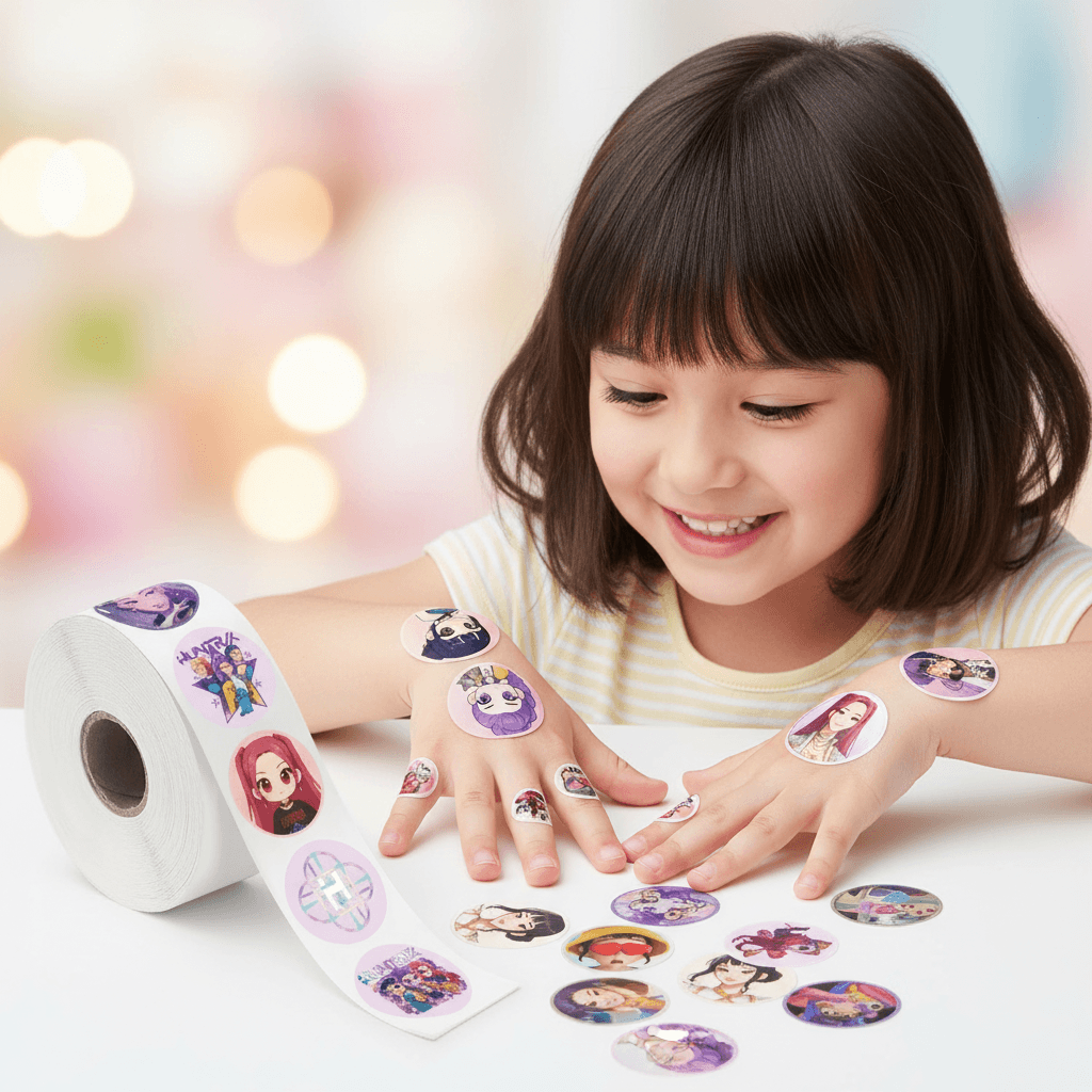 Roll of stickers with animated character designs on a white background