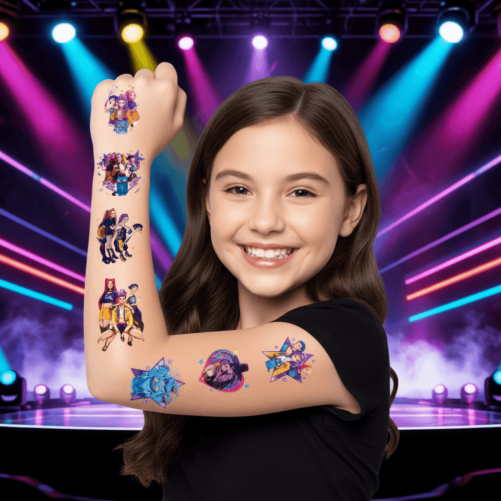 Temporary tattoos of animated characters on a person's wrist with a colorful stage background.