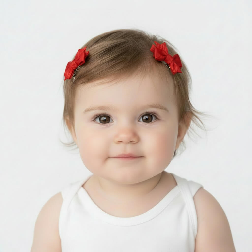 A baby girl with light brown hair wearing two red bow hair clips and a white sleeveless top, photographed against a clean white background.
