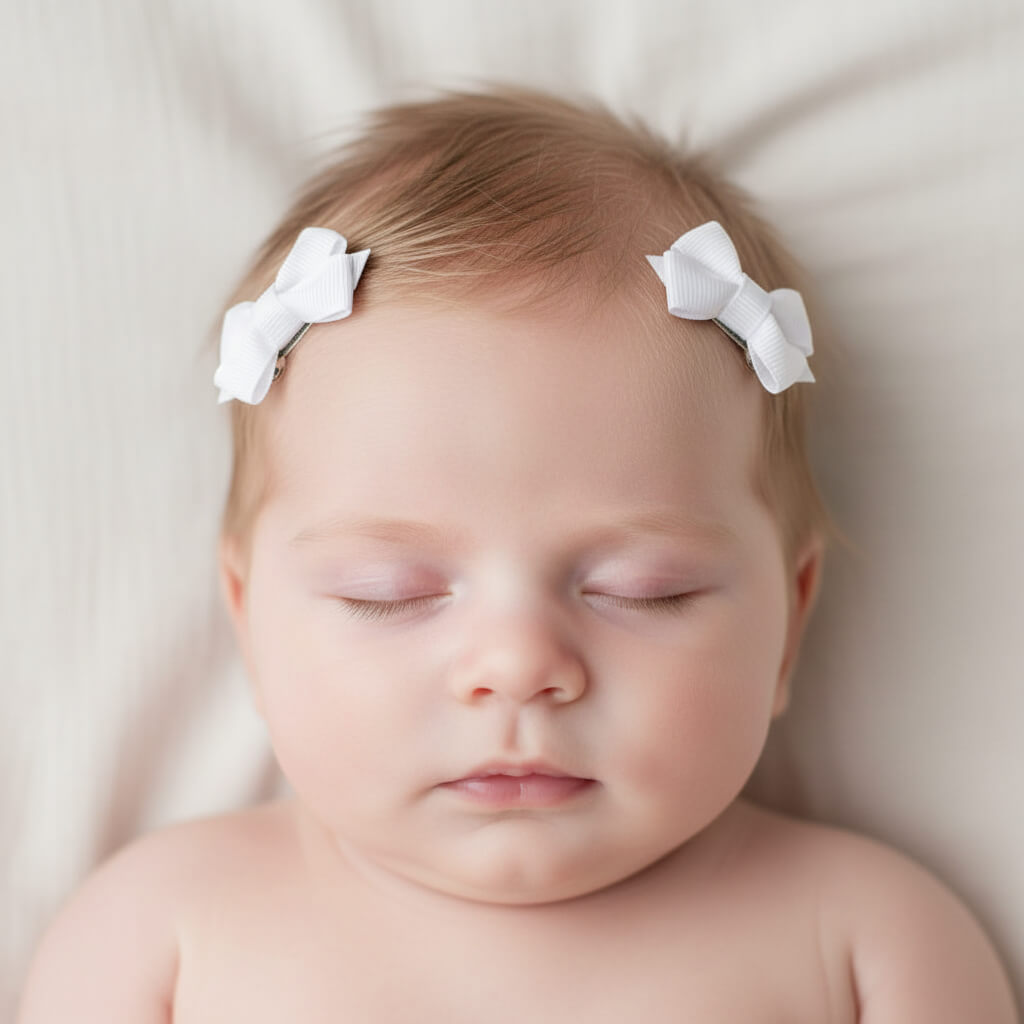 A sleeping newborn baby lying on a soft cream-colored blanket, wearing two small white fabric bow hair clips on the sides of the head.