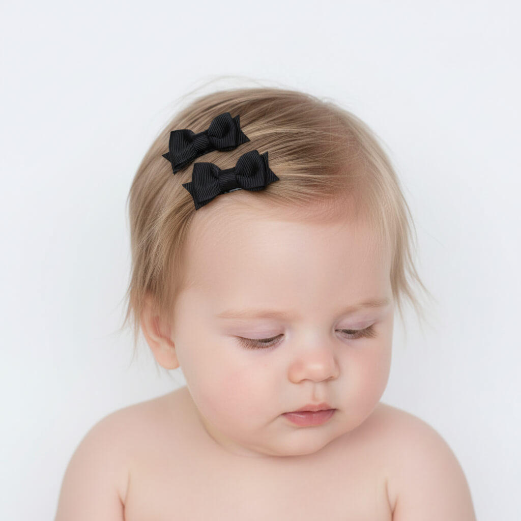 A close-up of a baby with light blonde hair wearing two small black ribbon bow hair clips against a plain white background.