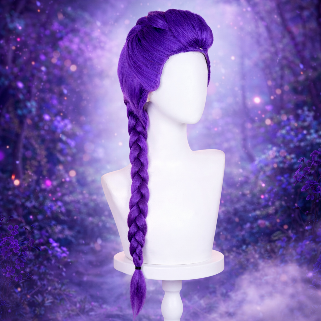 Purple braided wig on a mannequin head against a purple galaxy background