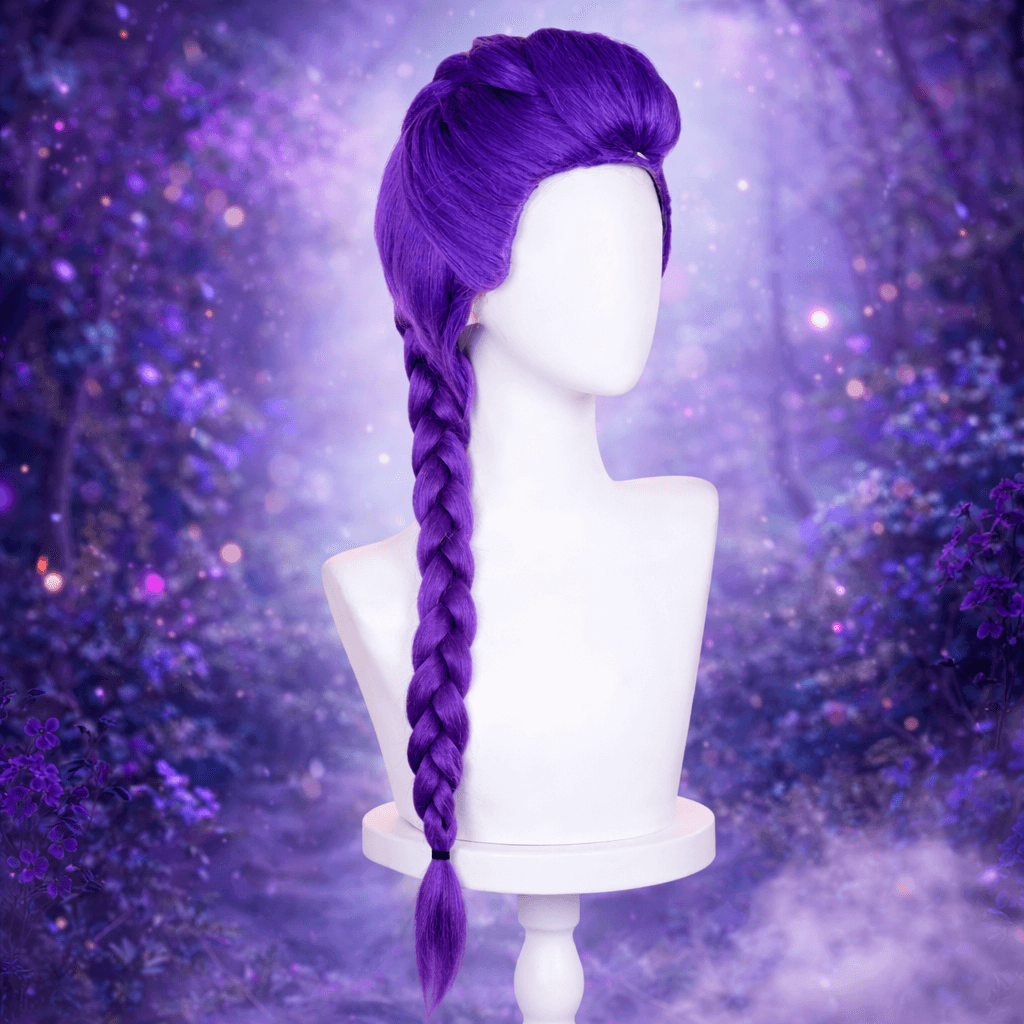 Purple braided wig on a mannequin head against a purple gradient background