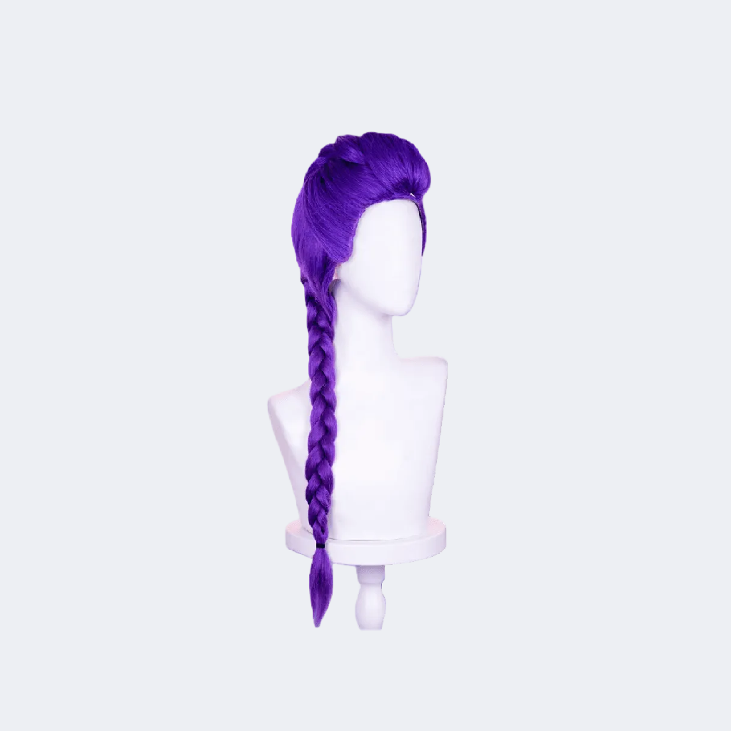 Purple braided wig on a mannequin head against a white background
