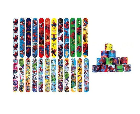 Collection of colorful superhero-themed slap bracelets
