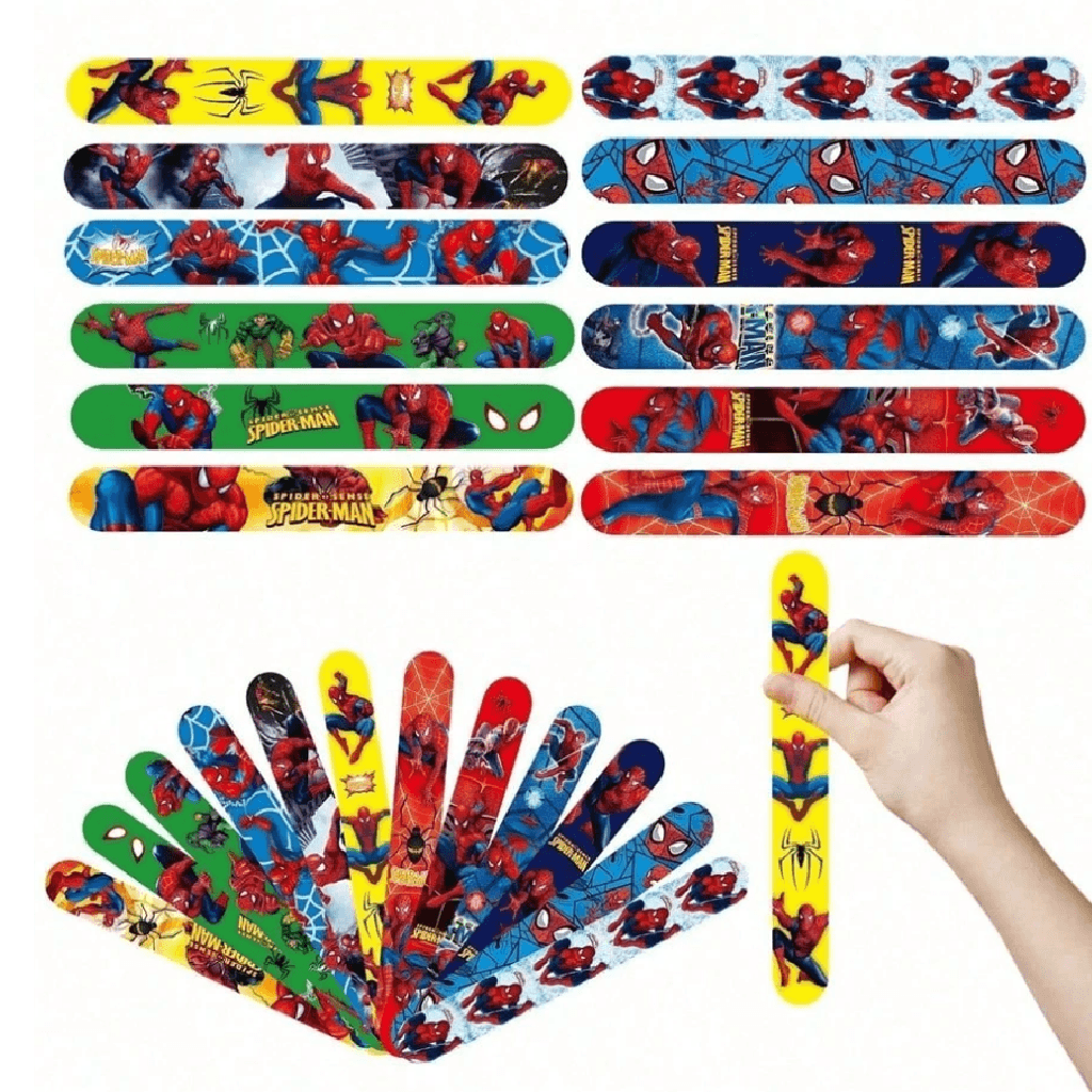 Set of colorful slap bracelets with superhero designs