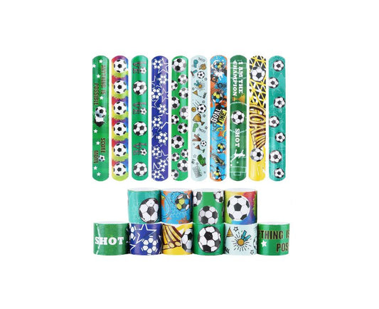 Assorted slap bracelets with sports-themed designs on a white background