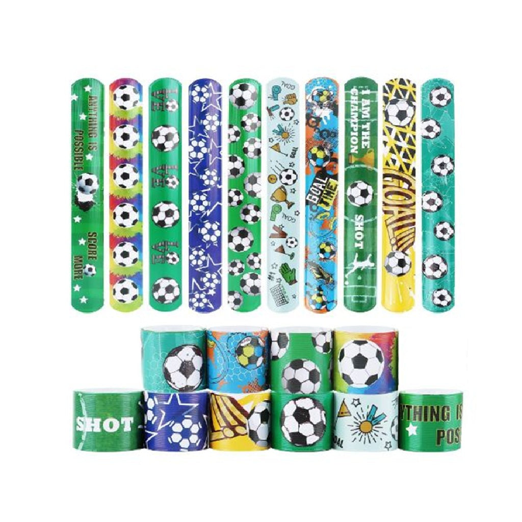 Assorted colorful slap bracelets with sports-themed designs 