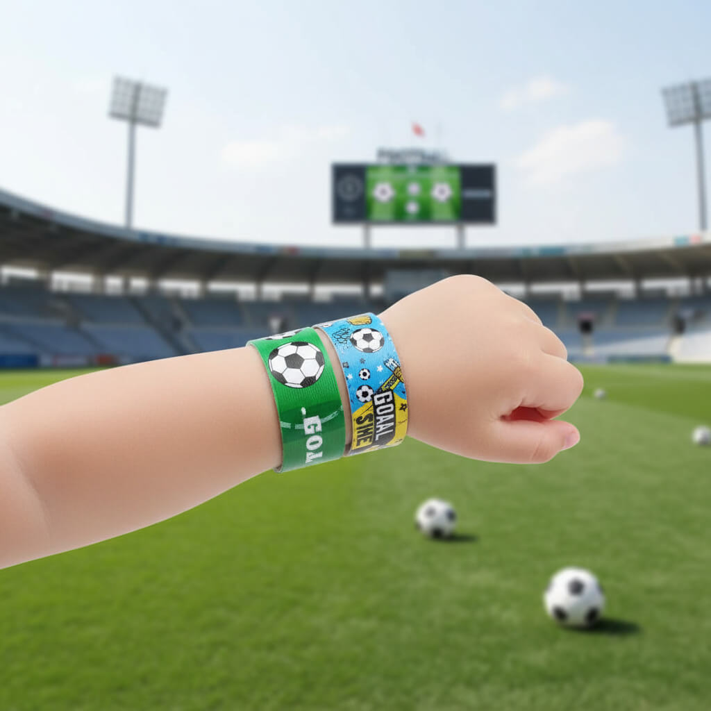 Child's arm with soccer-themed wristbands on a soccer field