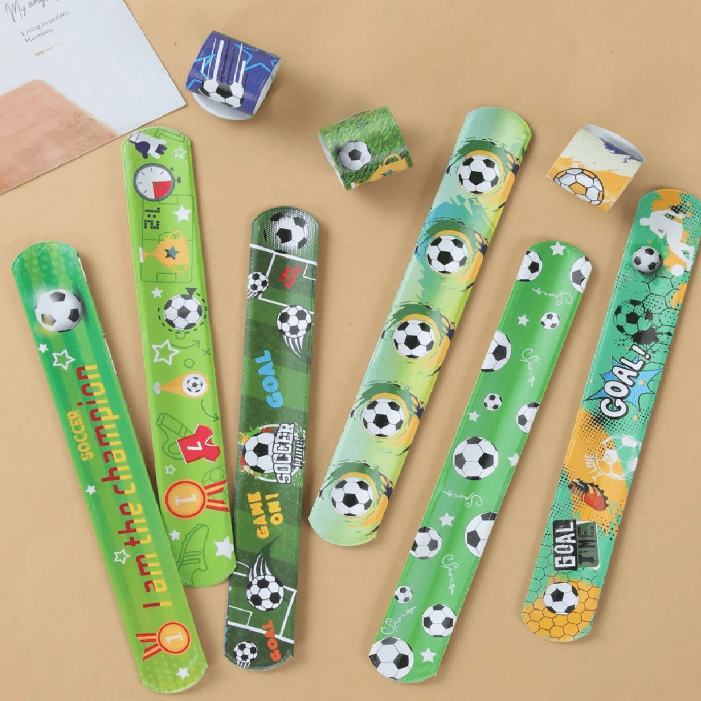 Collection of colorful slap bracelets with sports-themed designs on a white background