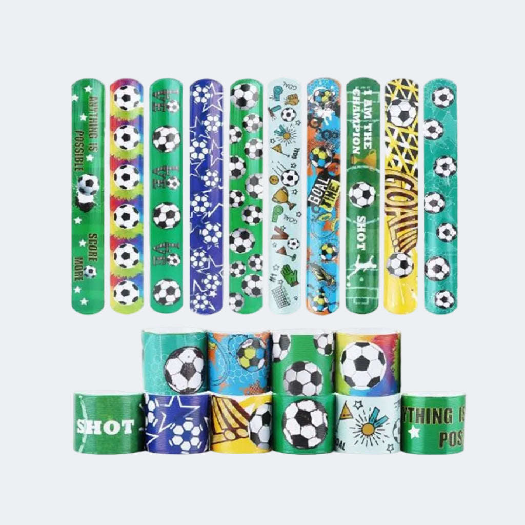 Collection of colorful slap bracelets with sports-themed designs on a white background