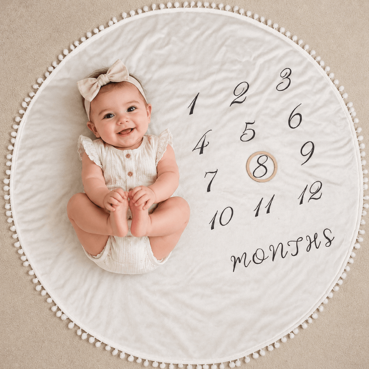 A baby sits on a round off-white fabric blanket with a pom-pom border, printed with a clock face design showing numbers 1 through 12 and the word 'months' near the bottom. The baby is wearing a cream outfit and bow headband.
