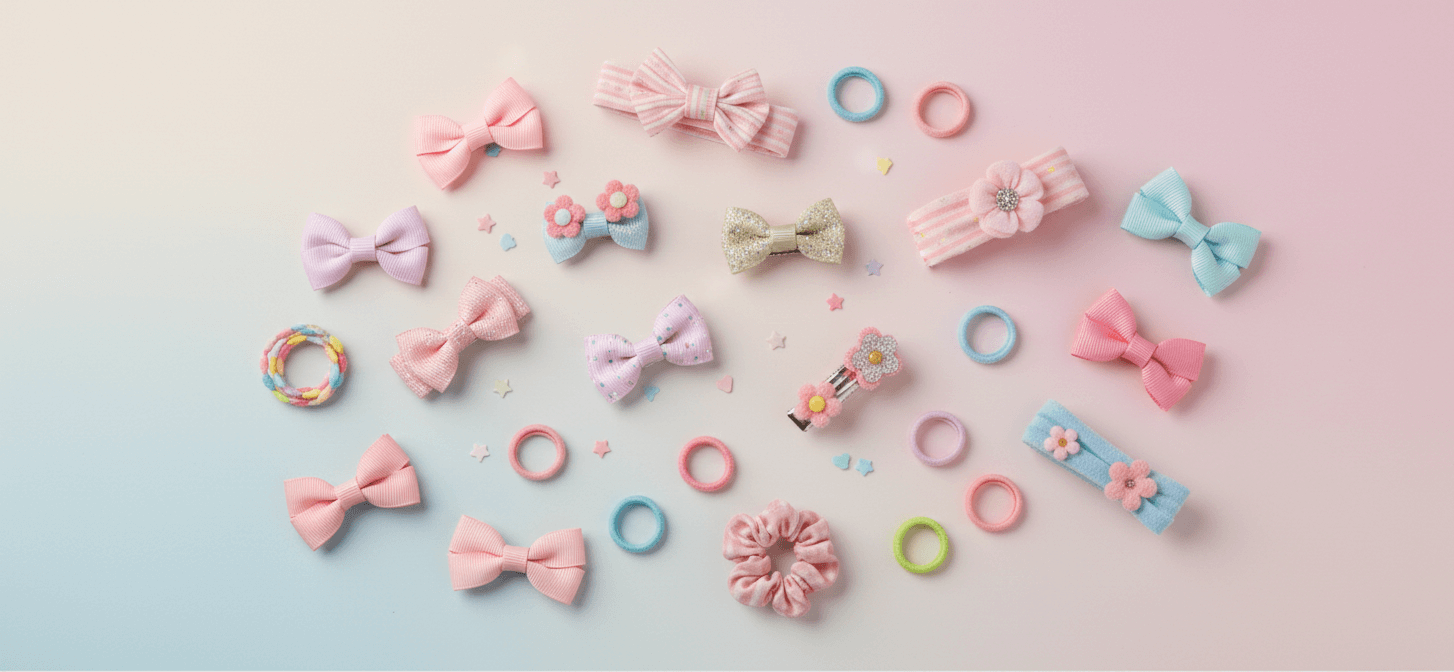 Collection of colorful hair accessories including bows and rings on a pastel background