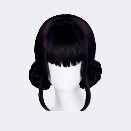 Black wig with twin buns on a white mannequin head