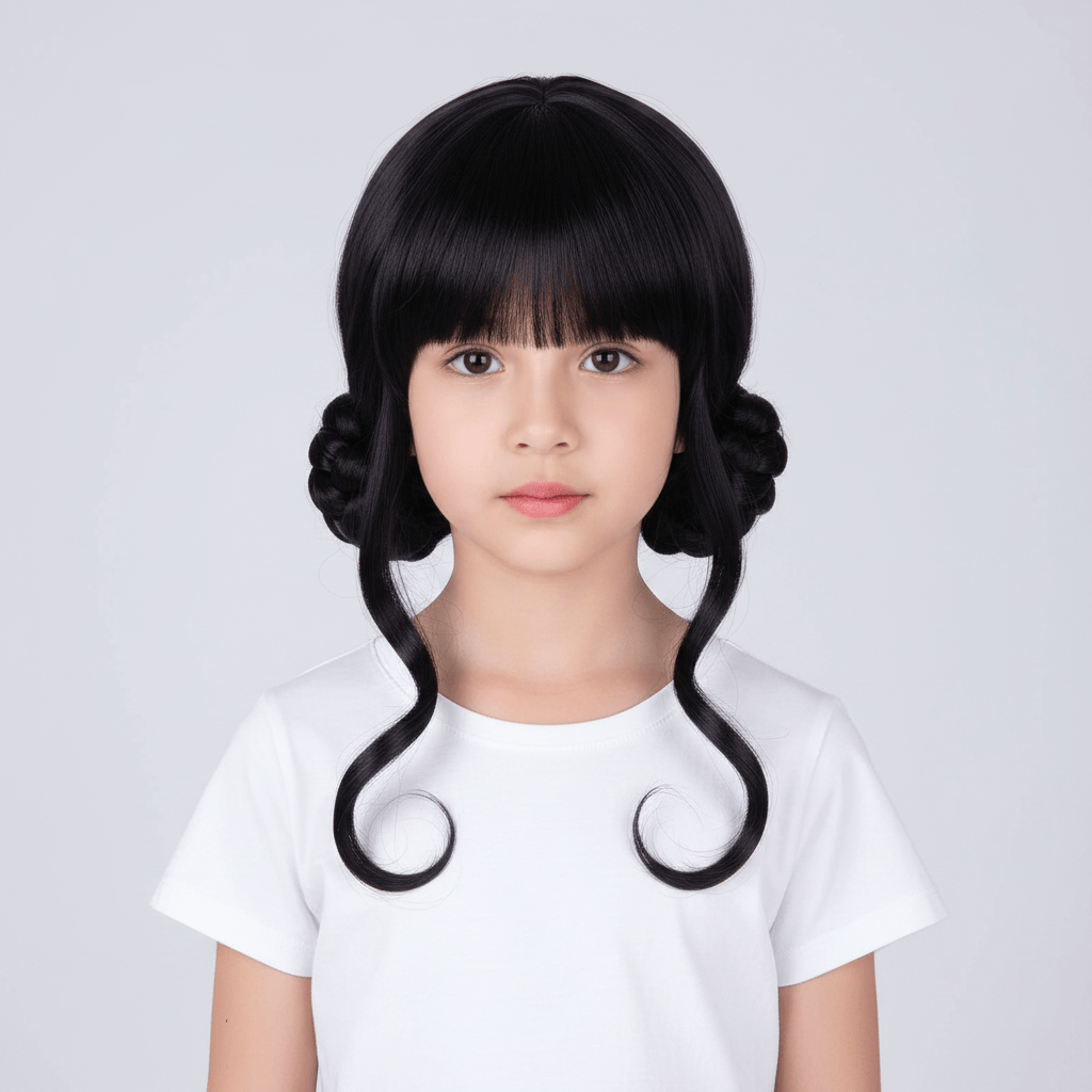 Black wig styled with a bun on a white mannequin head against a white background
