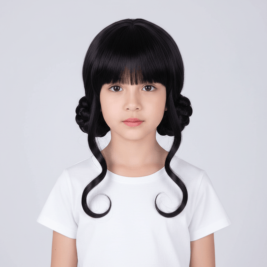 Black wig styled with a bun on a white mannequin head against a white background